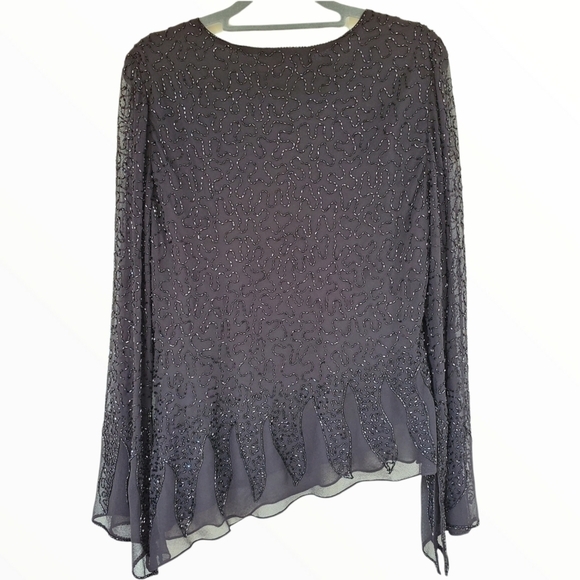 JKARA NY sz L black beaded blouse top flare sleeve scoop V neck angle hem - Picture 3 of 13